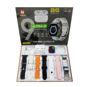 پک ساعت هوشمند الترا و ایرپاد پرو مدل HW-89 ULTRA2 با 7 بند متنوع و قاب ساعت